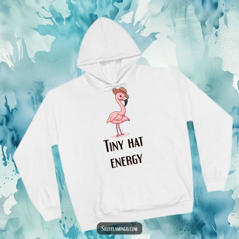 Funny flamingo hoodie featuring a bird in a tiny hat, perfect for cozy days with a touch of playful charm.