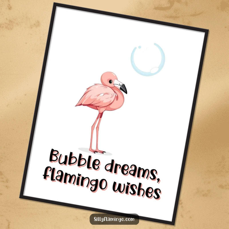 Funny Free Printable Wall Art: A curious flamingo with a tilted head intently observes a shimmering, iridescent floating bubble.