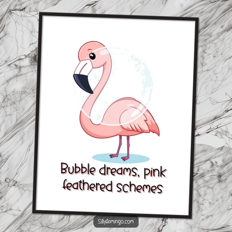 Funny Free Printable Wall Art: Flamingo hilariously trying to blow a large bubble, quirky and amusing decor.