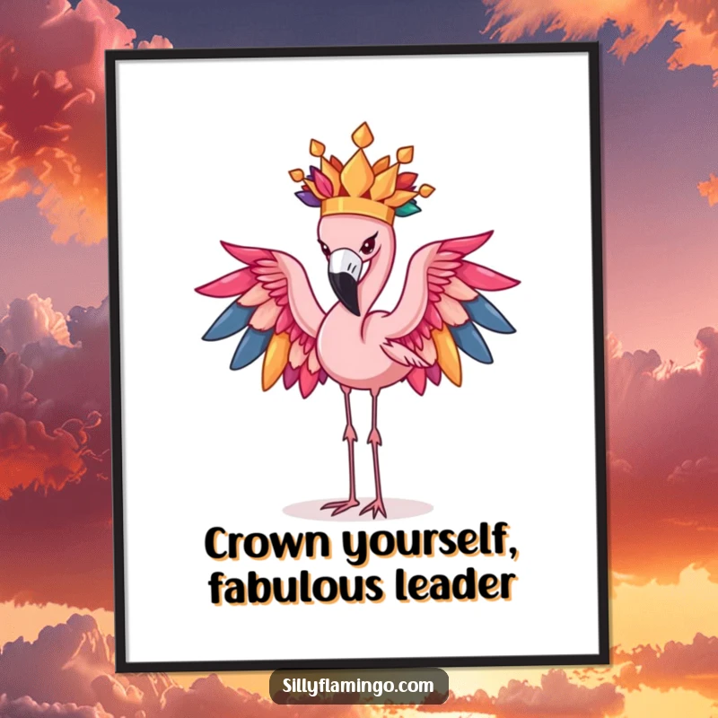 Funny Free Printable Wall Art: A determined flamingo precariously balances an elaborate crown made of colorful feathers, bringing whimsy.
