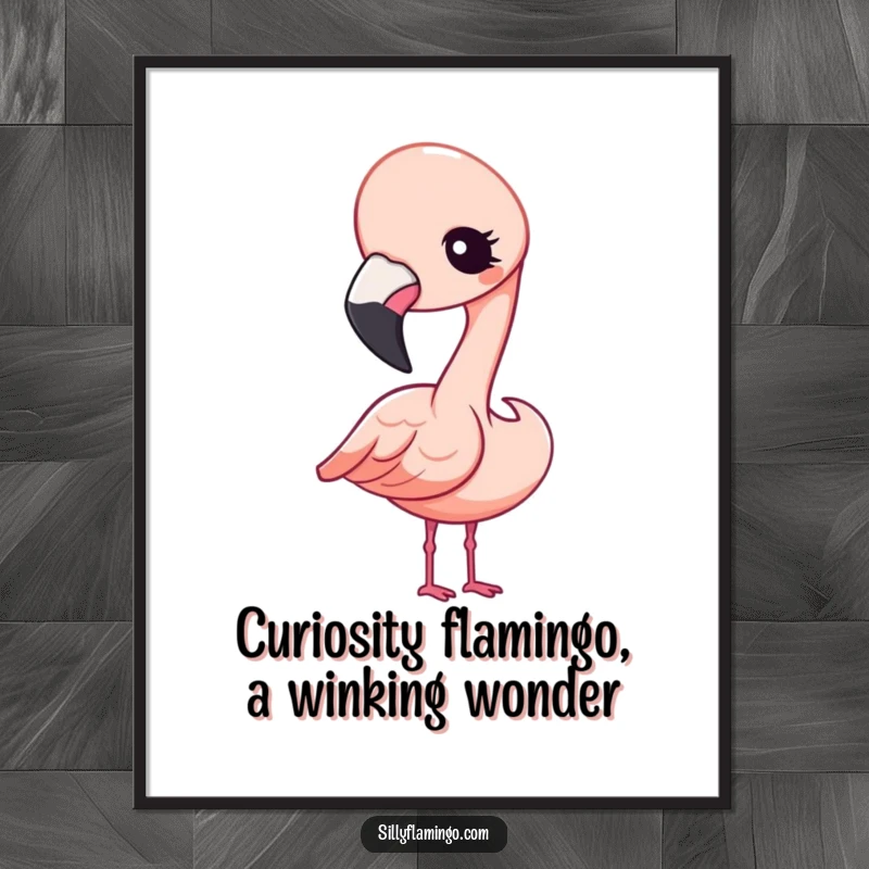 Cute free printable wall art of a Kawaii flamingo tilting its head and winking curiously, adding a touch of playful charm.