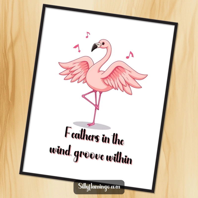 Funny Free Printable Wall Art: A stylish flamingo with flowing pink feathers dancing expressively, adding vibrant energy to any room.
