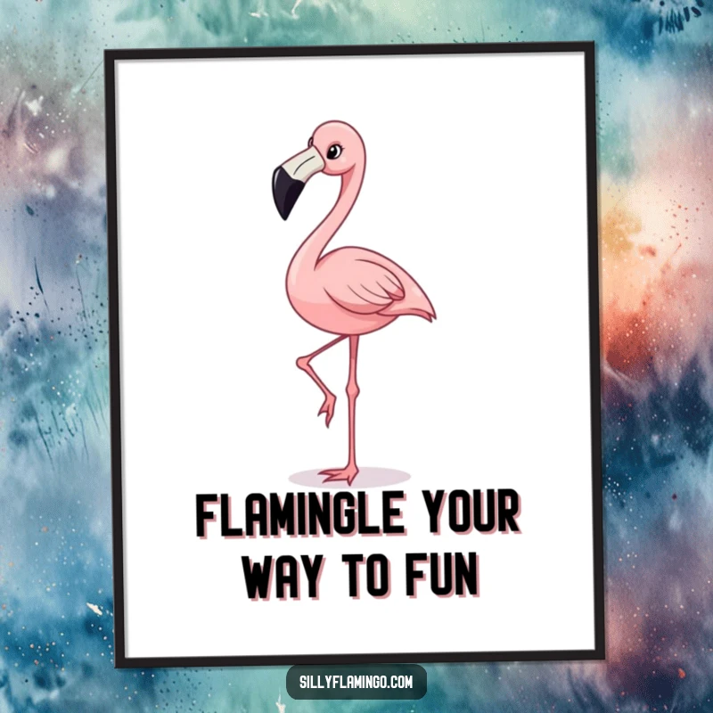 Funny Free Printable Wall Art: A happy flamingo with a wide grin is striking a pose, elegantly balancing on a single leg.