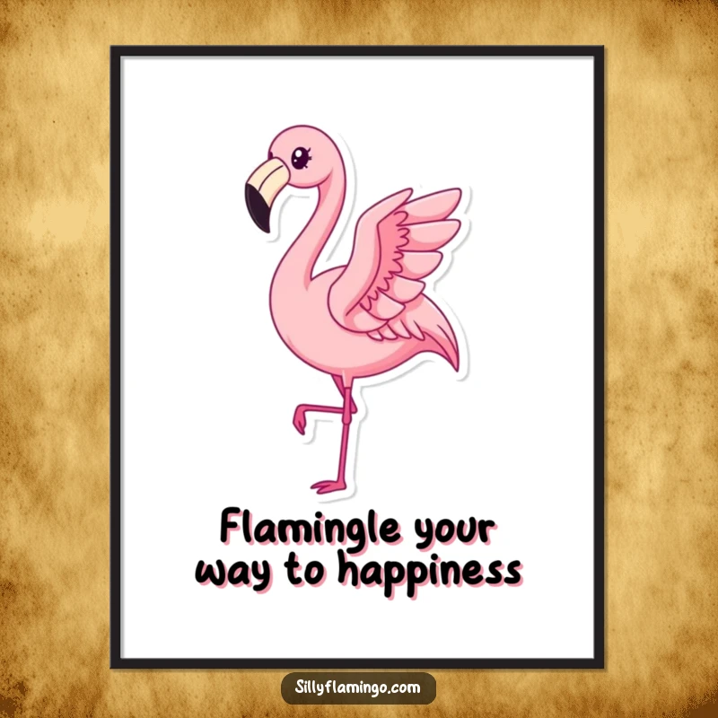 Funny Free Printable wall art featuring a kawaii flamingo doing a pleased, subtle flap. Quirky downloadable decor for any room.