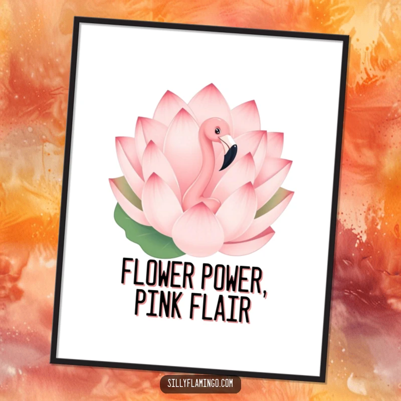 Funny Free Printable Wall Art: A cheeky flamingo peeks from behind an enormous, blooming lotus flower, creating a quirky scene.