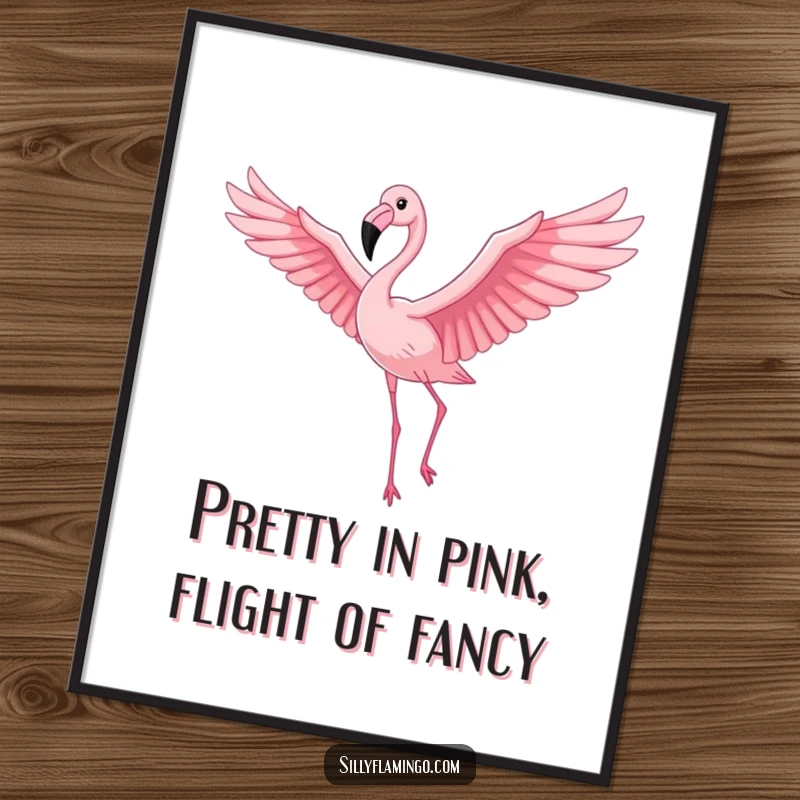 Funny Free Printable Flamingo Wall Art: Proud bird with outstretched wings soaring in a pink sky, vibrant downloadable decor