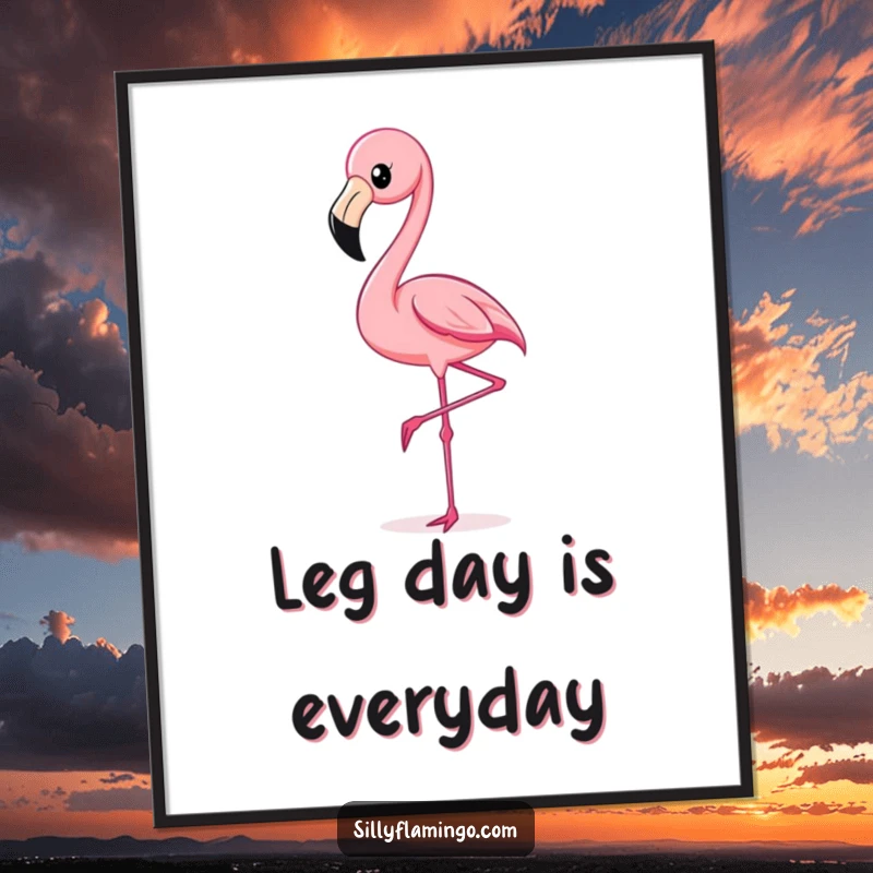Funny free printable wall art of a vibrant pink flamingo kicking its leg high in a dynamic, playful pose.