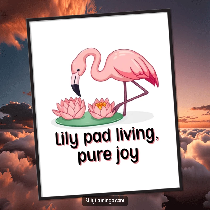 Funny Free Printable Wall Art: A flamingo happily pecking at a floating water lily, creating a serene and delightful nature scene.