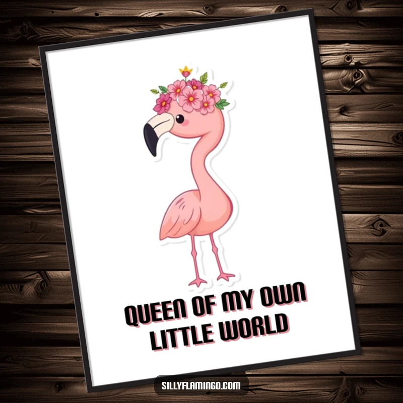 Funny Free Printable Wall Art: Flamingo wearing a tiny flower crown, standing with a proud and elegant stance, radiating charm.
