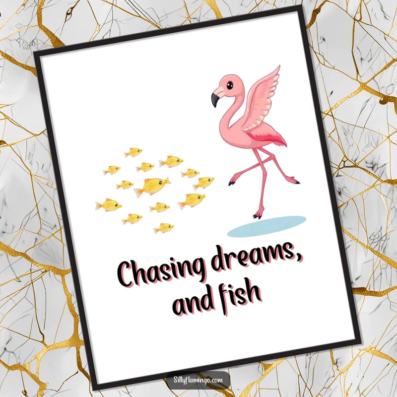 Funny Free Printable Wall Art: Pink flamingo playfully chasing a school of tiny shimmering fish with a joyful expression.