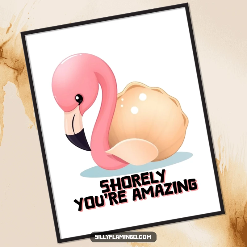 Funny Free Printable Wall Art: A flamingo curiously pecks at a shimmering seashell, adding a whimsical touch to any room