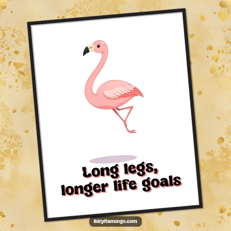 Funny Free Printable Wall Art featuring a tall flamingo in a dramatic, joyful leap, adding humor to decor.