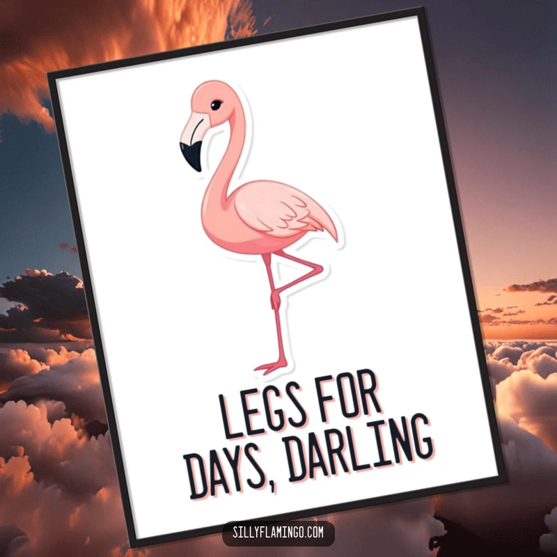 Funny Free Printable Wall Art: A cute flamingo with a long neck gracefully extends one leg in a stylish stance.