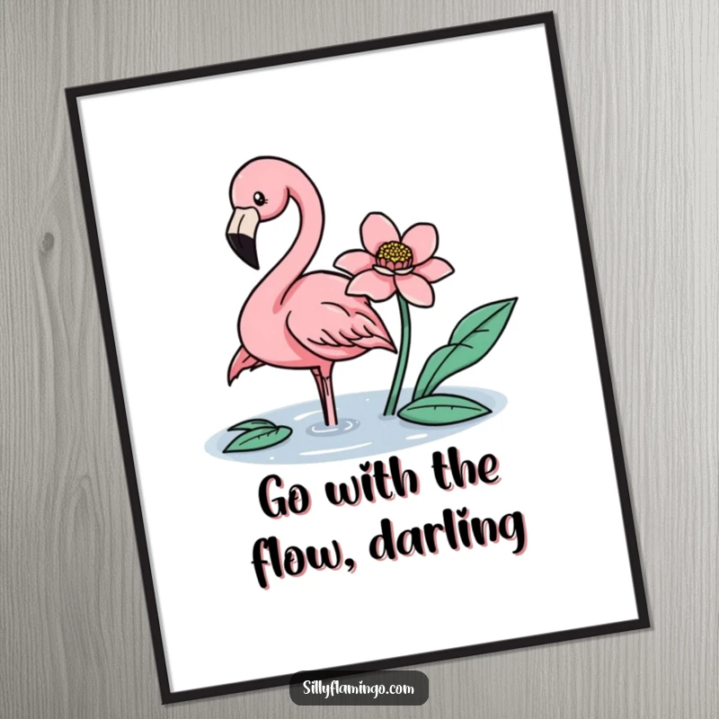 Free Printable Wall Art: A flamingo gracefully nudging a floating flower with its beak. Elegant downloadable decor.