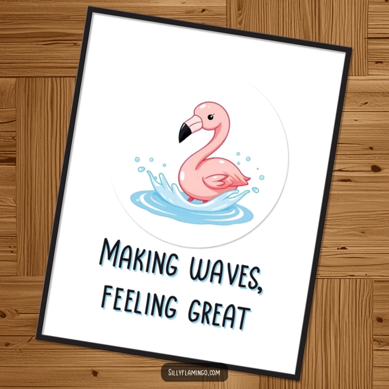 Funny free printable wall art of a flamingo joyfully splashing in sparkling water, embodying fun and vibrant energy.