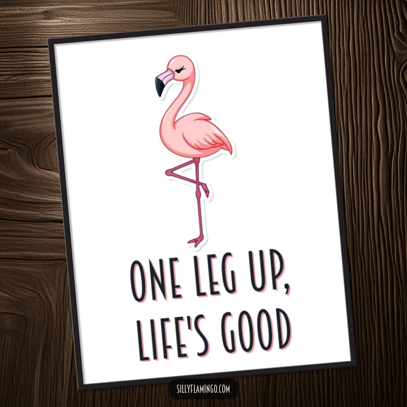 Funny free printable wall art of an elegant flamingo balancing on one leg and offering a cheerful wink, adding whimsical charm.