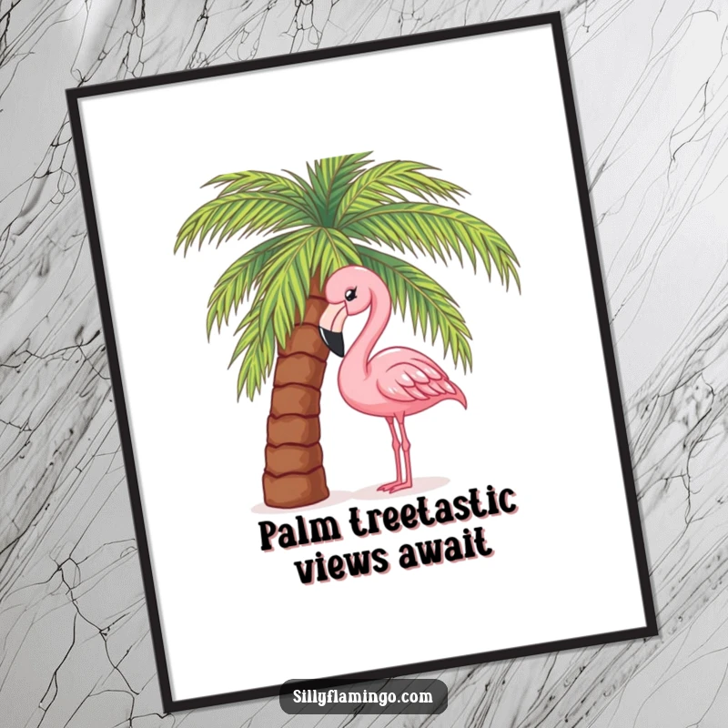 Funny Free Printable Wall Art: A curious flamingo peeking from behind a lush palm tree, adding a tropical, humorous vibe.