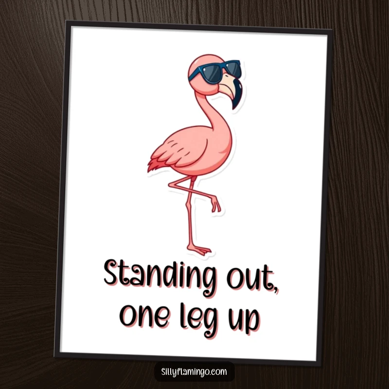 Funny Free Printable Wall Art featuring a vibrant flamingo wearing sunglasses, striking a dynamic dance pose on one leg.