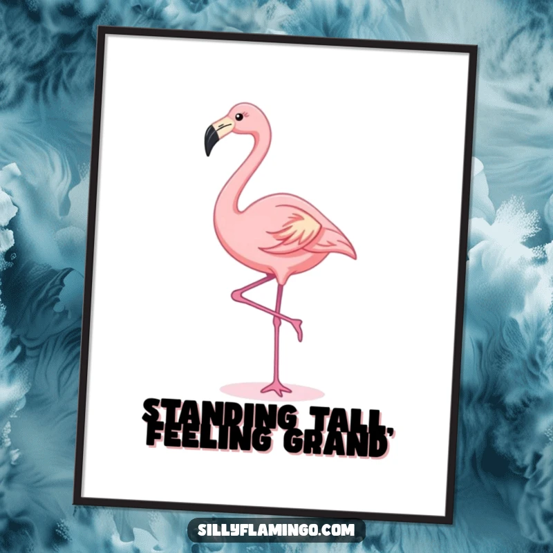 Funny Free Printable Wall Art: A cute kawaii flamingo gracefully stretching one leg skyward, embodying elegance and tranquility.