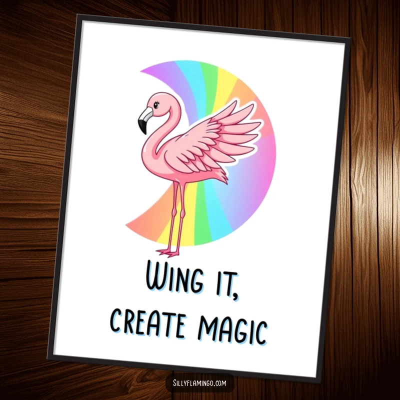 Funny Free Printable Wall Art: A flamingo creates a vibrant rainbow with its wing, bringing colorful magic.