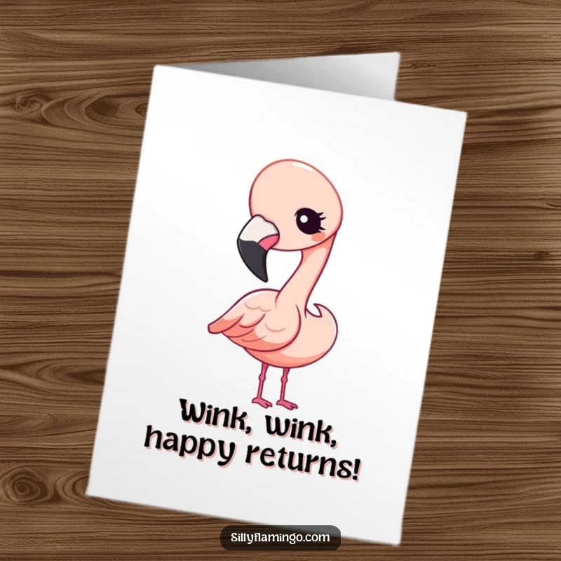Cute free printable birthday card featuring a Kawaii flamingo tilting its head and winking curiously with an endearing expression.