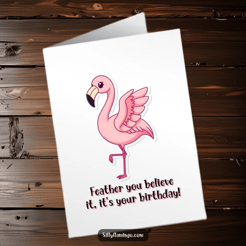 Funny Free Printable birthday card featuring a smug kawaii flamingo doing a tiny, pleased flap. A downloadable, cheerful greeting.