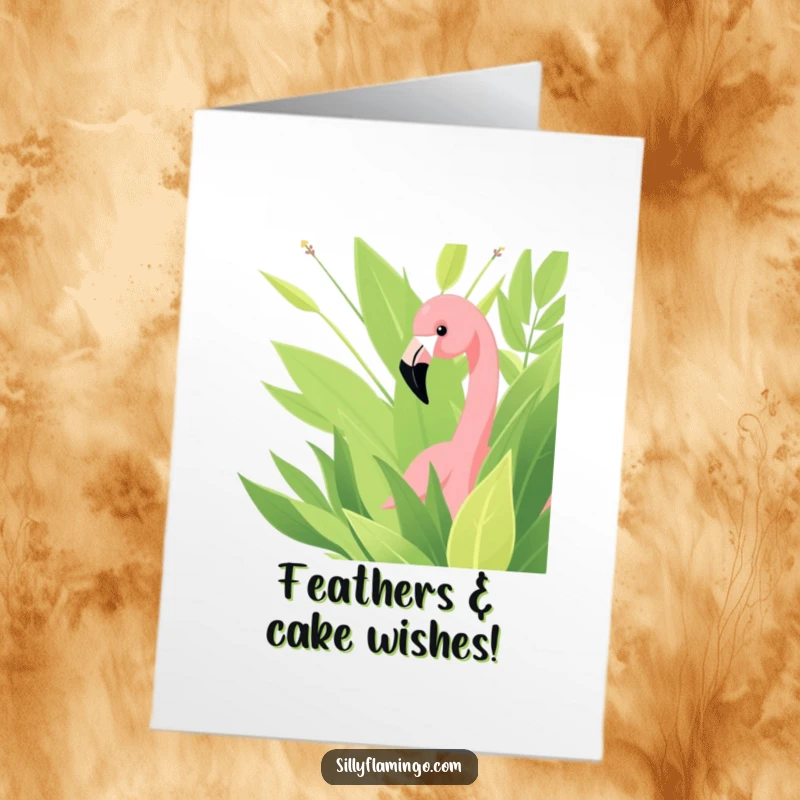 Funny Free Printable Birthday Card featuring a flamingo curiously peeking from lush green foliage for a playful surprise.