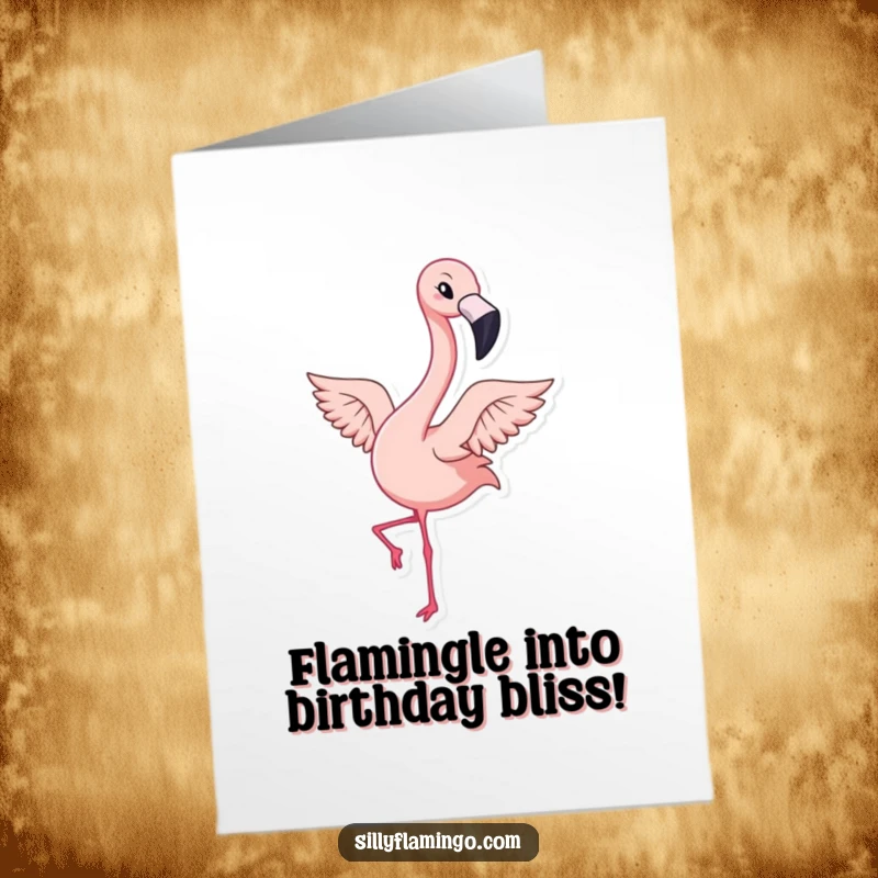 Funny Free Printable Birthday Card: A kawaii flamingo winks while flapping its wings.