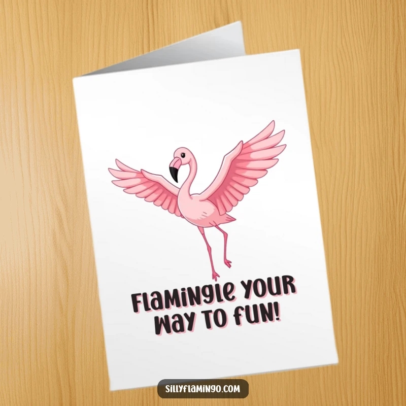 Funny Free Printable Flamingo Birthday Card: Proud bird with wings spread, soaring in a pink sky, a fun downloadable gift
