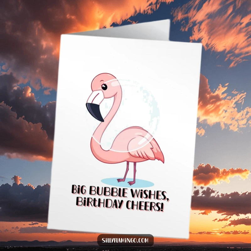 Funny Free Printable Birthday Card: Flamingo humorously attempting to blow a large bubble, sticky situation.
