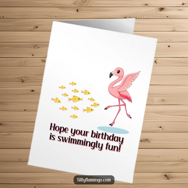 Funny Free Printable Birthday Card: Pink flamingo playfully chasing a school of tiny shimmering fish, looking energetic and mischievous.