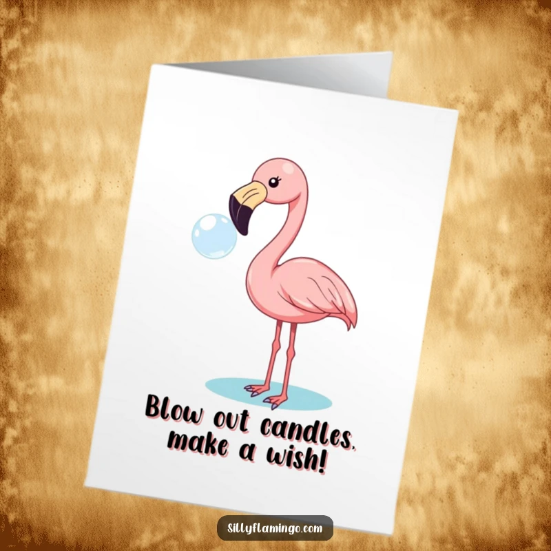 Funny Free Printable Birthday Card featuring a cheerful flamingo blowing a giant bubble with its beak, ready to be printed.