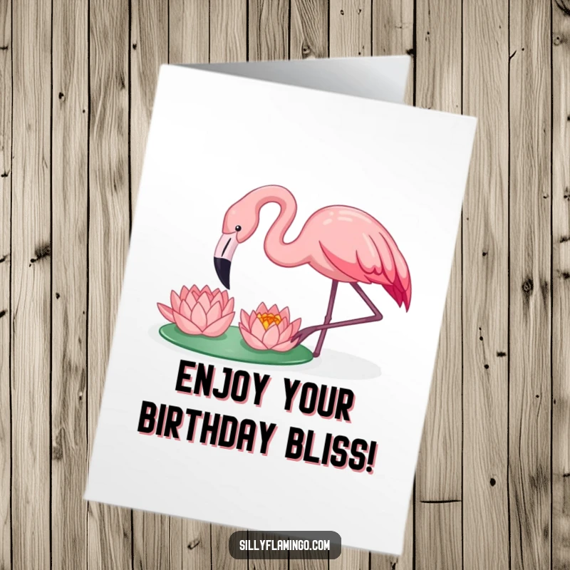 Funny Free Printable Birthday Card: A happy flamingo happily pecking at a beautiful floating water lily, enjoying the moment.