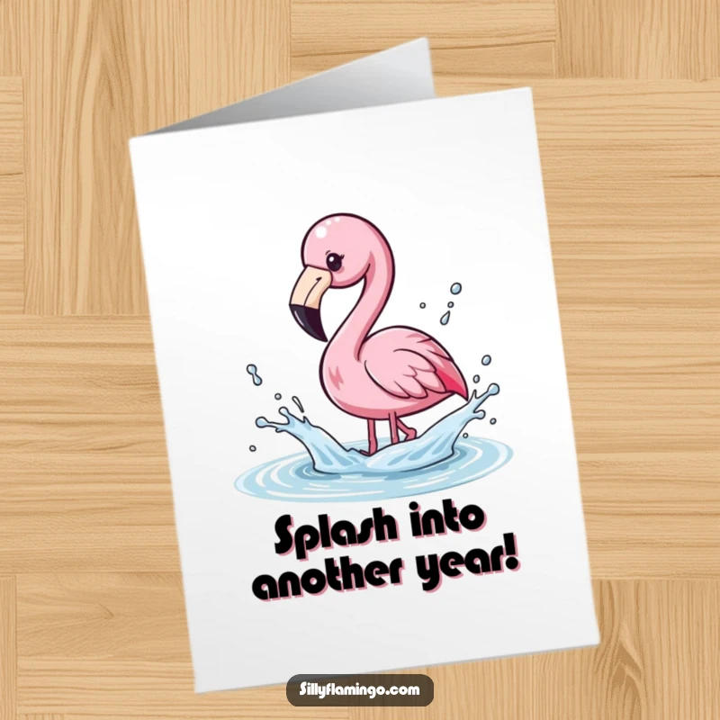 Funny Free Printable Birthday Card: Kawaii flamingo playfully splashing water with its beak, sending droplets flying, cute.