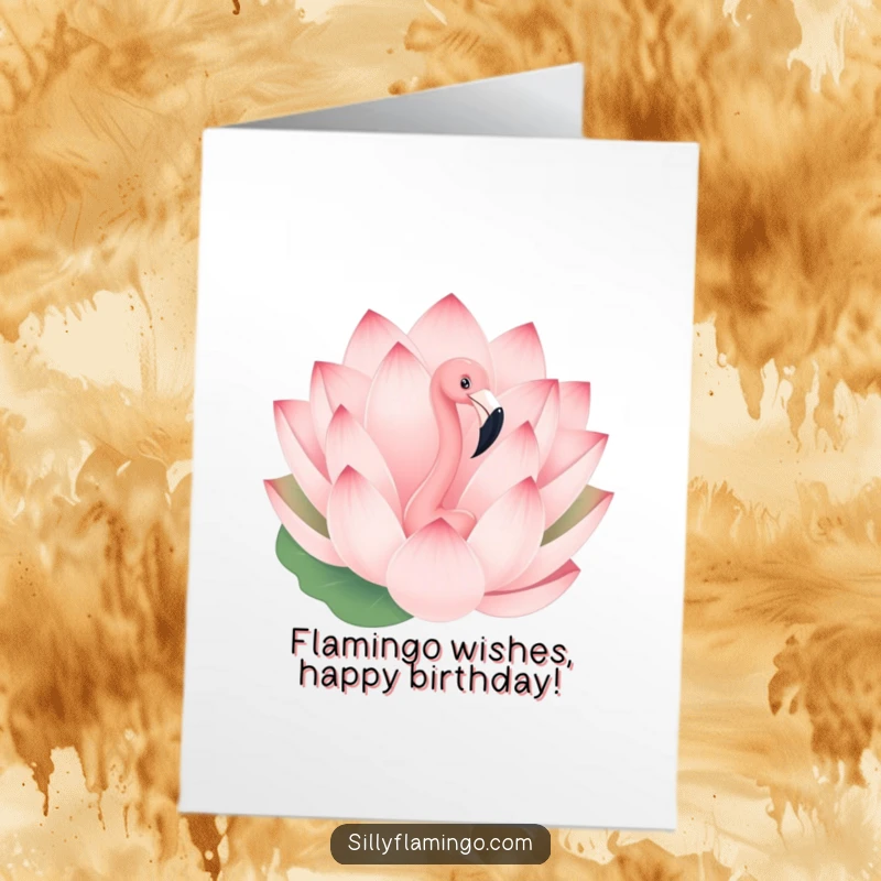 Free Printable Birthday Card: Playful flamingo peeks shyly from behind a huge, vibrant lotus flower, ready to celebrate.