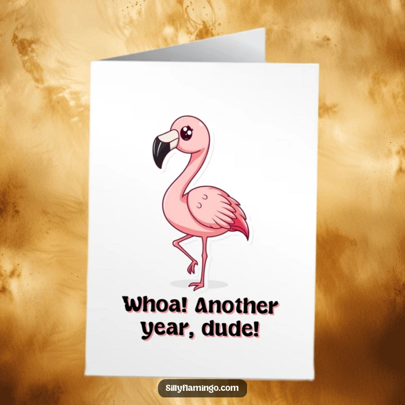 Funny Free Printable Birthday Card featuring a surprised flamingo rapidly bobbing its head, expressing hilarious birthday shock.