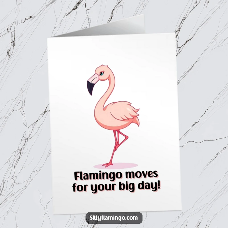 Funny Free Printable Birthday Card: Flamingo doing a silly, exaggerated dance with its beak, a wild celebration.