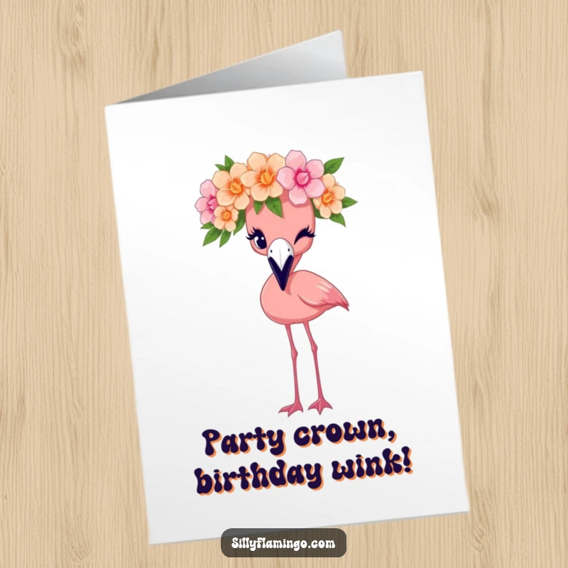 Free Printable Birthday Card: A flamingo adorned with a flower crown winks cheekily, perfect for birthday wishes.