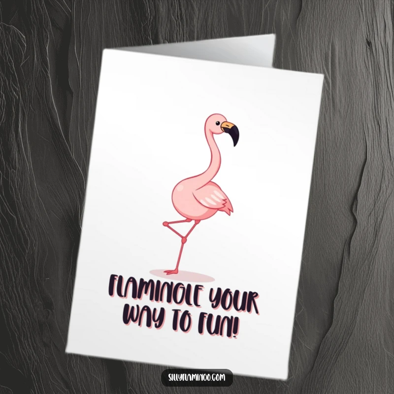 Funny Free Printable Birthday Card: Joyful flamingo doing a high-kick dance, squawking with delight, ready for a party.
