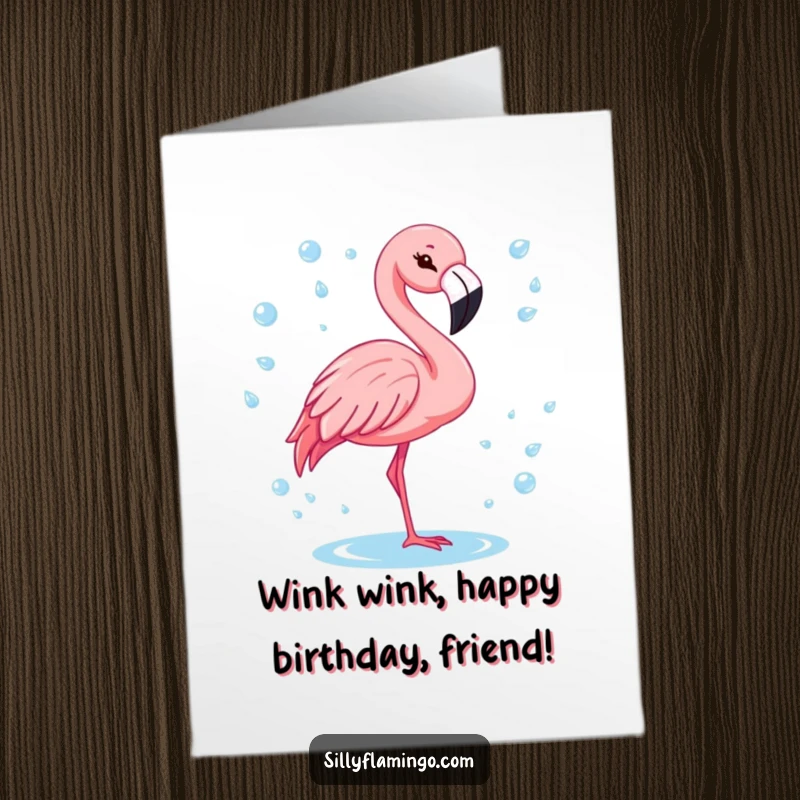 Funny Free Printable Birthday Card: A cheerful flamingo winks amidst sparkling water drops. Playful downloadable birthday humor.