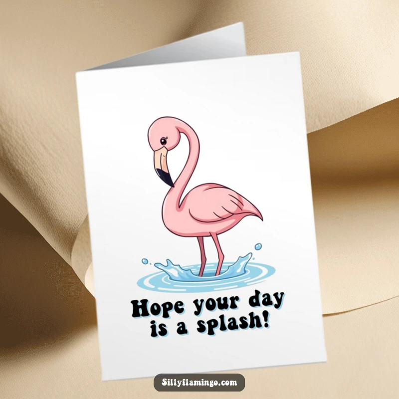 Funny Free Printable Birthday Card: A vibrant pink flamingo with its long neck humorously bending to joyfully splash water.