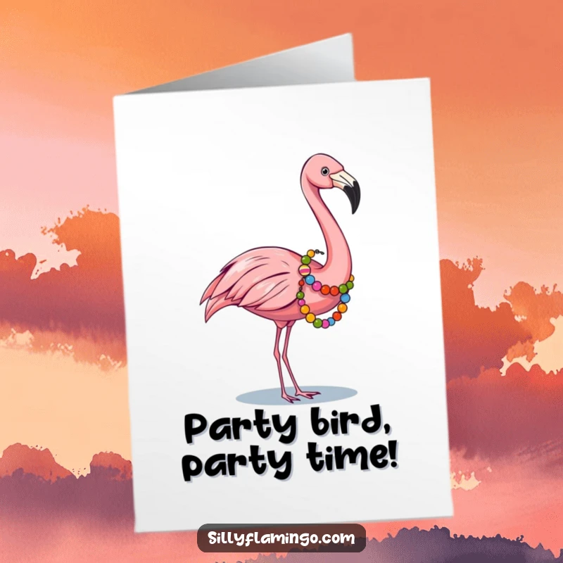 Funny Free Printable Birthday Card: A flamingo proudly wears a colorful bead garland, celebrating in festive style.