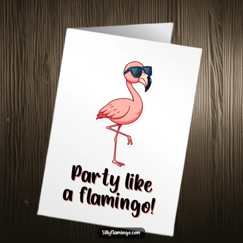 Funny Free Printable Birthday Card with a vibrant flamingo in sunglasses, joyfully dancing on one leg.