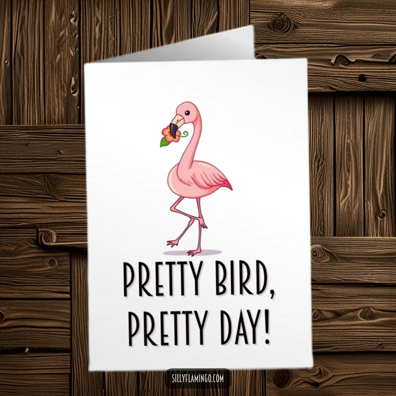 Funny Free Printable Birthday Card: A flamingo struts playfully, holding a flower in its beak, wishing happy birthday.