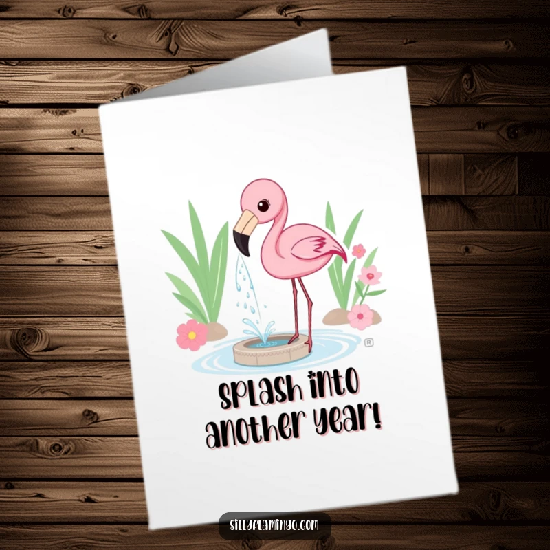 Funny free printable birthday card featuring a flamingo playfully spraying water from its beak, creating a delightful mini-fountain.