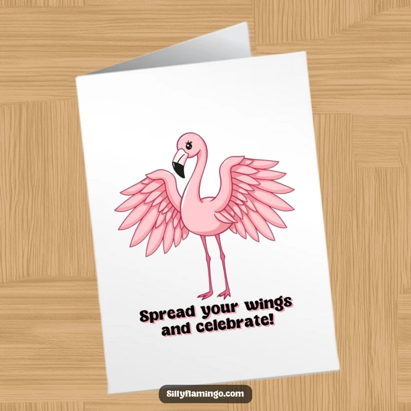 Free Printable Birthday Card: An elegant flamingo strikes a graceful pose with its wings outstretched, offering birthday wishes.