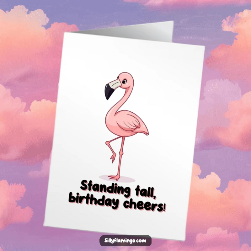 Funny Free Printable Birthday Card: A happy flamingo with a wide grin is perfectly balancing on one leg.