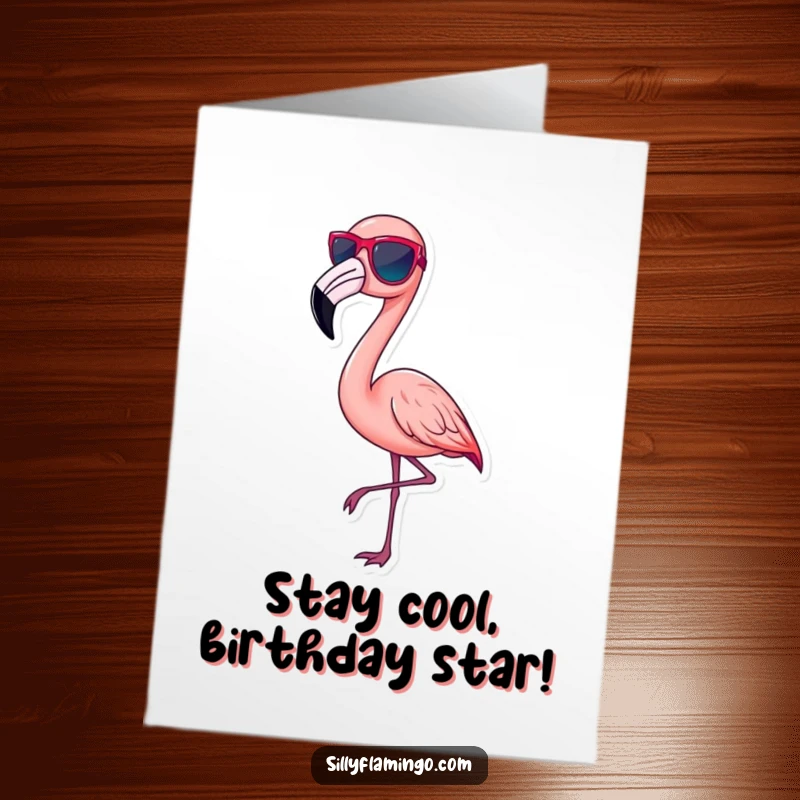 Funny Free Printable Birthday Card: A pink flamingo wearing tiny sunglasses, striking a confident and impossibly chic pose.
