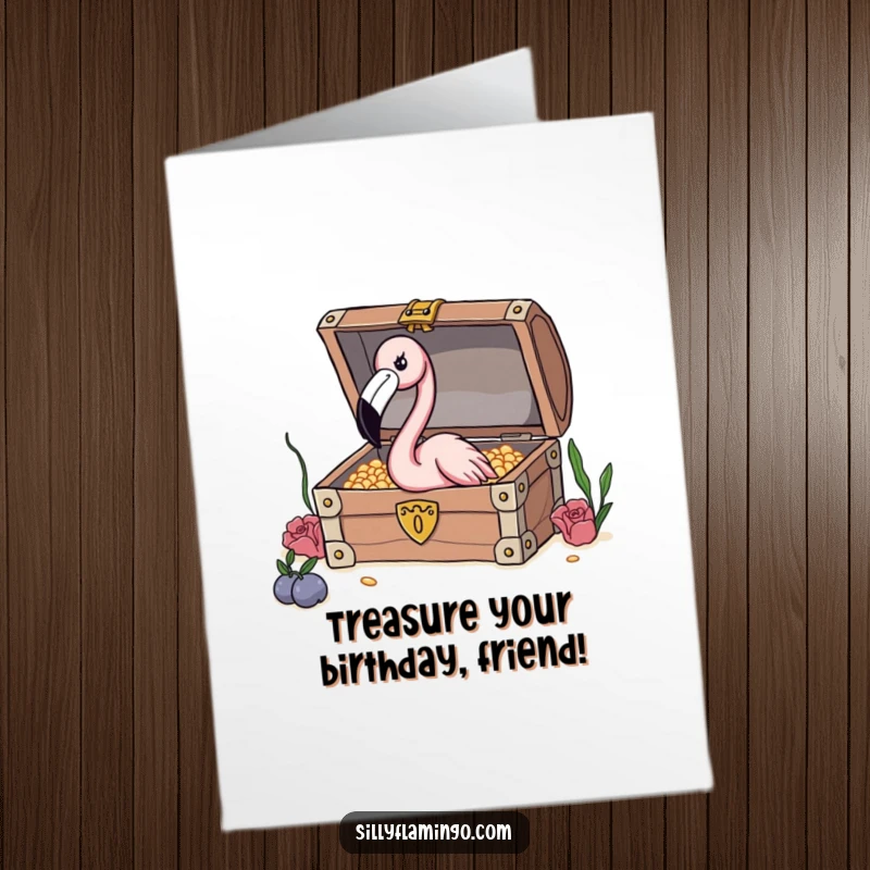 Funny free printable birthday card showing a flamingo with a long neck curiously peeking into a treasure chest, seeking birthday riches.