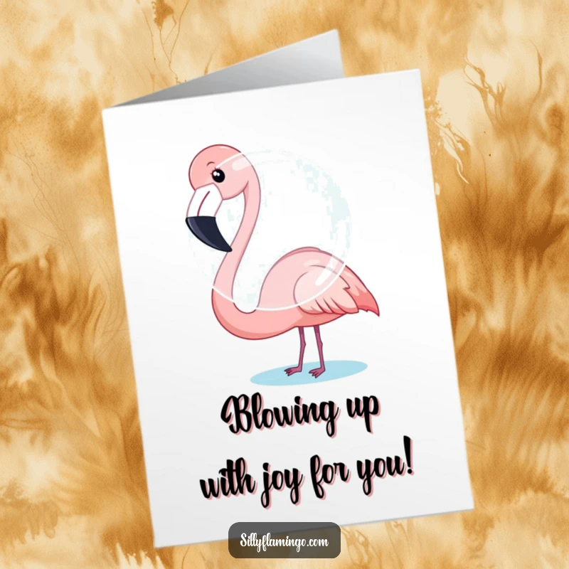 Funny Free Printable Congratulations Card: Flamingo hilariously trying to blow a huge bubble, a messy success.